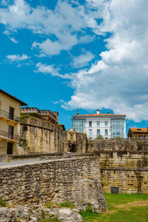 the ramparts and the gateway to the fortified old town of Hondarribia, in the Basque Country, Spain, in a summer dayの写真素材