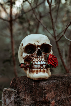 closeup of a skull on the ruins of an abandoned house in the forest at duskの写真素材