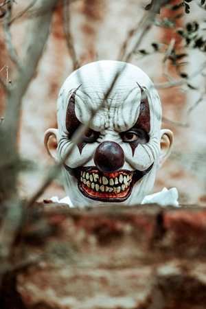 closeup of a creepy evil clown, with a scary smile, peeking out from behind a ruined wall of an abandoned house at duskの写真素材