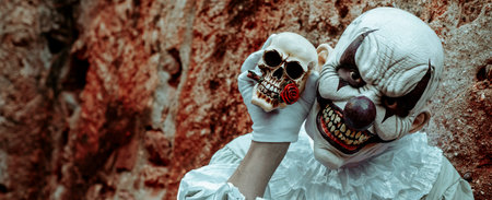 a creepy evil clown, wearing a gray costume with a white ruff, having a skull in his hand in front...