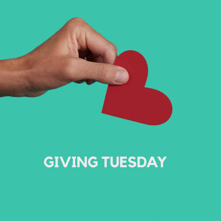 the text giving tuesday and a man giving a red heart on a greenish blue background, in a square formatの写真素材