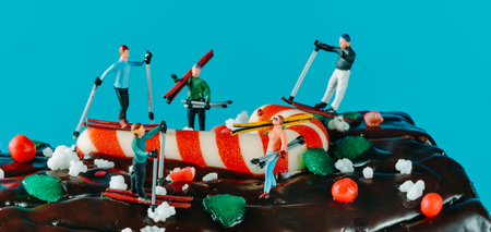 some miniature people skiing or carrying their skis, on a yule log cake against a blue background,...