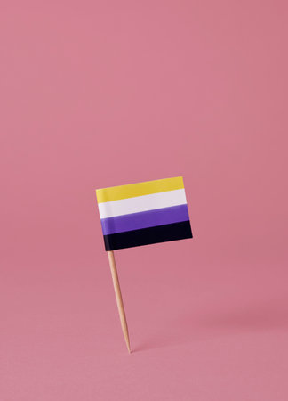 a non-binary pride flag attached to a wooden pole standing on a pink background, with some blank space on topの写真素材