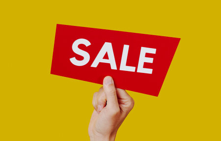 closeup of a white man holding a red sign in his hand with the text sale, on a yellow backgroundの写真素材