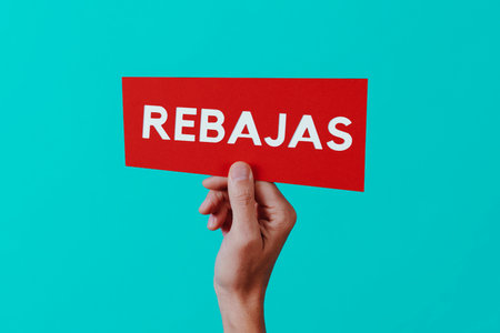 closeup of a man holding a red sign in his hand with the text sale written in spanish, on a blue backgroundの写真素材