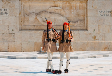 Athens, Greece - August 30, 2022: Two Evzones side by side during the changing of the guard at the Tomb of the Unknown Soldier in Athens, Greeceのeditorial素材