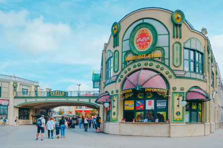 Vienna, Austria - August 28, 2022: People at the entrance to famous Wurstelprater amusement park, also known as simply Prater, that opened in 1766 in Vienna, Austriaのeditorial素材