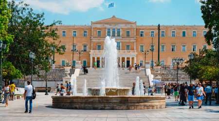 Athens, Greece - August 30, 2022: A view of Syntagma Square towards the Old Royal Palace, in the backgroundのeditorial素材