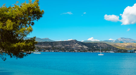 panoramic view over the Aegean sea seen from Isthmia, in Greece, on a summer day