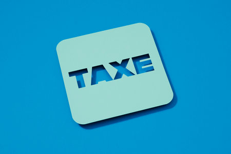 the text tax written in french in a pale blue sign, on a blue backgroundの写真素材