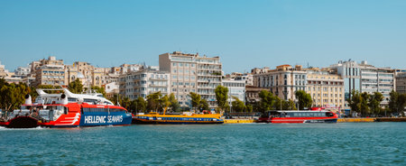 Piraeus, Greece - August 30, 2022: Ferries of different ferry lines moored in the port of Piraeus, Greece, the most important port in the countryのeditorial素材