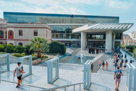 Athens, Greece - August 31, 2022: Some groups of tourists are about to enter to the Acropolis Museum in Athens, Greece, on a summer dayのeditorial素材