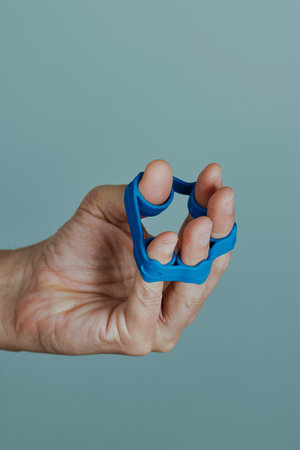 closeup of a man using a blue elastic band to exercise his fingers on a pale gray background with some blank space on topの写真素材