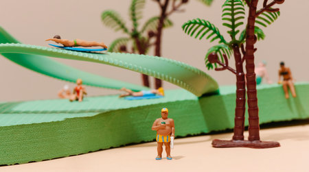 some miniature people, in swimsuit, on and around a green flip-flop, next to a miniature palm tree, on a pale brown backgroundの写真素材