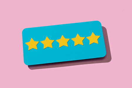 closeup of a blue sign with five stars, from a five star rating scale, on a pink background