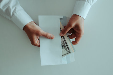 high angle view of a man wearing a white long-sleeve shirt putting, or taking out, a bunch of dollar notes in an envelope, sitting at a white tableの写真素材