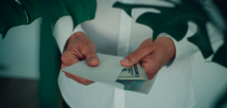 a man, wearing a white long-sleeve shirt, is putting, or taking out, a bunch of dollar notes in an envelope, in a panoramic format to use as web bannerの写真素材