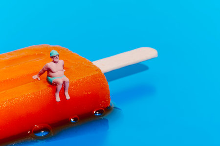 a miniature man wearing a green swimsuit, a green swimming cap and swimming goggles sitting on a melting orange ice pop on a blue background with some blank space on the rightの写真素材