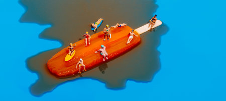 closeup of some miniature people in swimsuit on a melting orange ice pop, on a blue background, in a panoramic format to use as web bannerの写真素材
