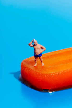 a miniature man, wearing a blue swimsuit, is drying the sweat of his foreground standing on a melting orange ice pop, on a blue background with some blank space on topの写真素材