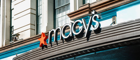 New York City, USA - May 16, 2023: The sign at the main entrance to famous Macys department store, in New York City, United States, in a panoramic formatのeditorial素材