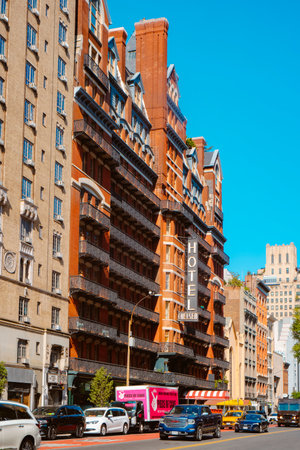 New York City, USA - May 18, 2023: A side view ot the facade of famous Hotel Chelsea, in the West 23rd Street, New York City, United Statesのeditorial素材