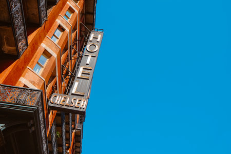 New York City, USA - May 18, 2023: A view of the sign of famous Hotel Chelsea, in New York City, United States, against the blue sky on a sunny spring dayのeditorial素材