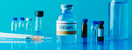 a simulated vial of fentanyl next to a syringe and some other different vials on a blue table, in a panoramic format to use as web bannerの写真素材