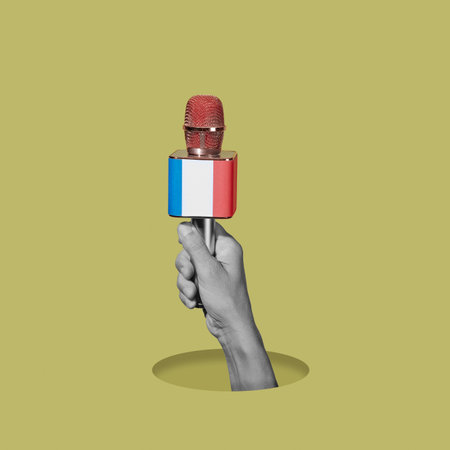 the hand of a man, in black and white, holding a microphone patterned with the flag of france, on a greenish yellow backgroundの写真素材
