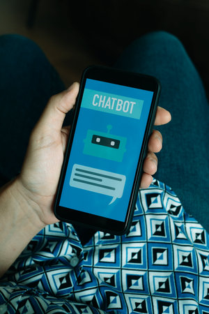 closeup a young man, in casual wear, sitting in a comfortable chair, using his smartphone, that reads the text chatbot in its screenの写真素材