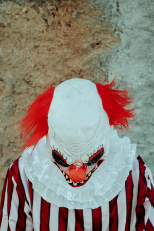 closeup of a mad evil clown, in a white and red striped costume with a white ruff, looking down in front of an old and rustic wall outdoorsの写真素材
