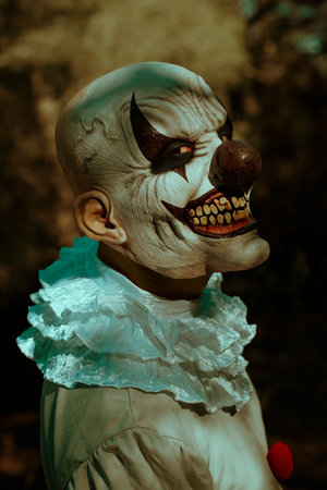 a bald evil clown, wearing a gray costume with a white ruff and red pom-poms, turns around to stare at the observer with a frightening smile, in the woods at duskの写真素材