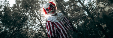 a mad evil redhead clown, wearing a white and red striped costume, stares at the observer with a creepy smile in the woods, in a panoramic format to use as web bannerの写真素材
