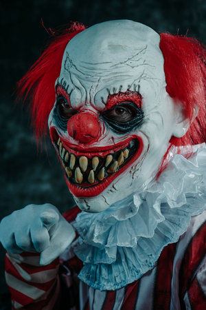 a mad evil redhead clown, wearing a costume with a white ruff, is pointing to the observer with a creepy smile, on a dark backgroundの写真素材