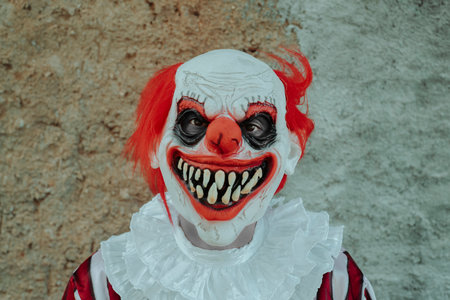 closeup of a mad evil redhead clown, wearing a white and red striped costume with a white ruff, in front of an old and rustic wall outdoors, staring at the observer with a creepy smileの写真素材