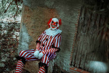 a mad evil redhead clown, wearing a white and red striped costume with a white ruff, stares at the observer with a creepy smile, sitting in front of an old rustic houseの写真素材