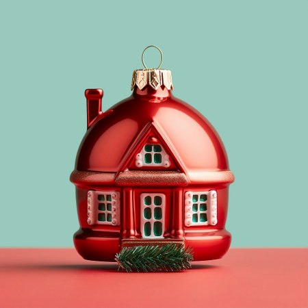 closeup of an elegant red christmas ball in the shape of a house on a red surface, against a green backgroundの素材