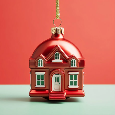 a red house-shaped christmas ball on a red surface, against a green backgroundの素材