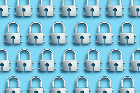 a pattern of some padlocks arranged in different lines on a blue backgroundの素材