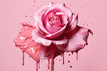 some liquid makeup or paint of different shades of pink on a rose, on a pink backgroundの素材