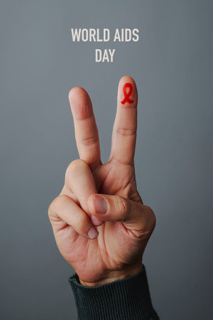 closeup of the hand of a man doing the V sign with a red awareness ribbon, for the fight against...