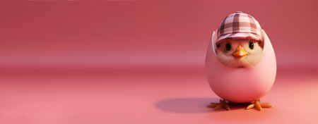 a cute chick wearing a checkered cap emerging from an egg on a pink background in a panoramic format to use as web bannerの素材