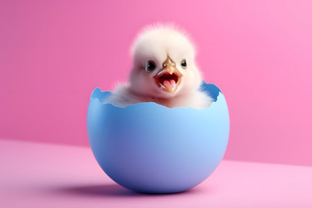 a chick emerging from a cracked blue egg on a pink backgroundの素材