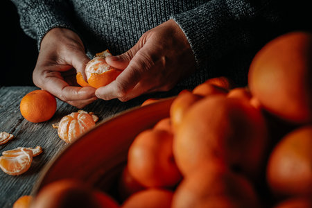 a caucasian man, in a gray sweater, peels a tangerine on a gray rustic wooden tableの写真素材