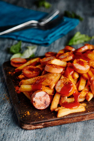 closeup of a typical german sliced currywurst topped with curry ketchup and curry powder served with chips on a wooden chopping board, on a gray tableの写真素材