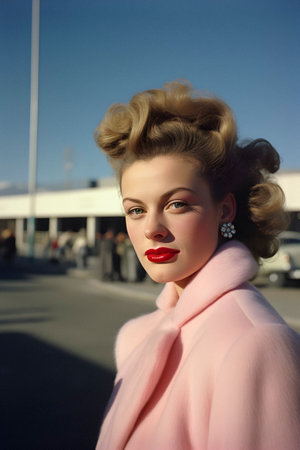 portrait of a young blonde caucasian woman, 50s style, wearing a pink jacket, looking at the camera, standing on the street on a clear dayの素材