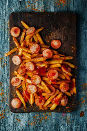 high angle view of a sliced currywurst topped with curry ketchup and curry powder served with chips on a wooden chopping board, placed on a gray rustic wooden tableの写真素材
