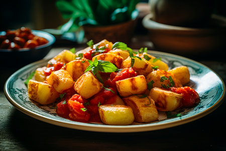 typical spanish patatas bravas, fried potato chips with a hot sauce, served on a plate on a table next to some other platesの素材