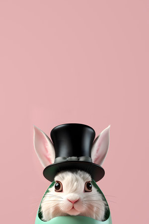 closeup of a cute rabbit wearing a black top hat in a cracked green egg, on a pink background with some blank space on topの素材