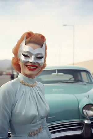 portrait of a 50s style young pretty woman, red-haired, wearing a blue dress and a silver-colored mask, looking at the camera, standing on the street in front of a classic blue carの素材